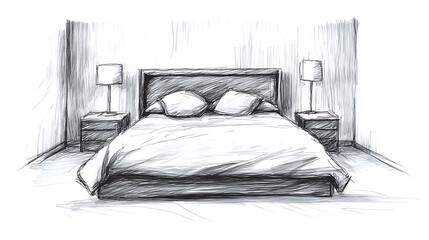 Serene Hand-Drawn Sketch: Bedroom Interior Illustration, Subtly Realistic Style. AI Generated