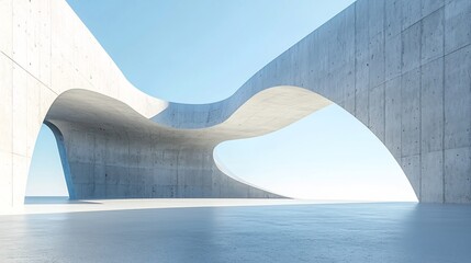 Futuristic Curved Architectural Structure Against Clear Blue Sky with Empty Concrete Floor