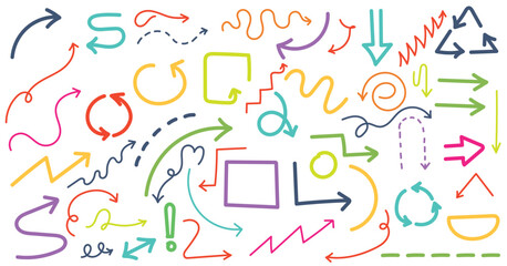 Doodle arrows and lines. Straight or curly line points in particular direction