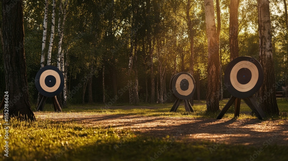 Poster a dynamic archery range with bows and targets set up in a woodland clearing, archers aiming at dista