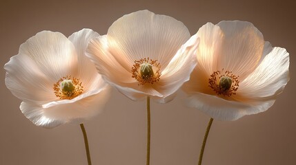 Fototapeta premium Three Delicate Cream Poppies Illuminated Against A Soft Brown Background