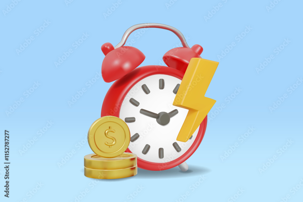 Poster vector illustration 3d render of red alarm clock icon. yellow lightning and gold coins piled up on a