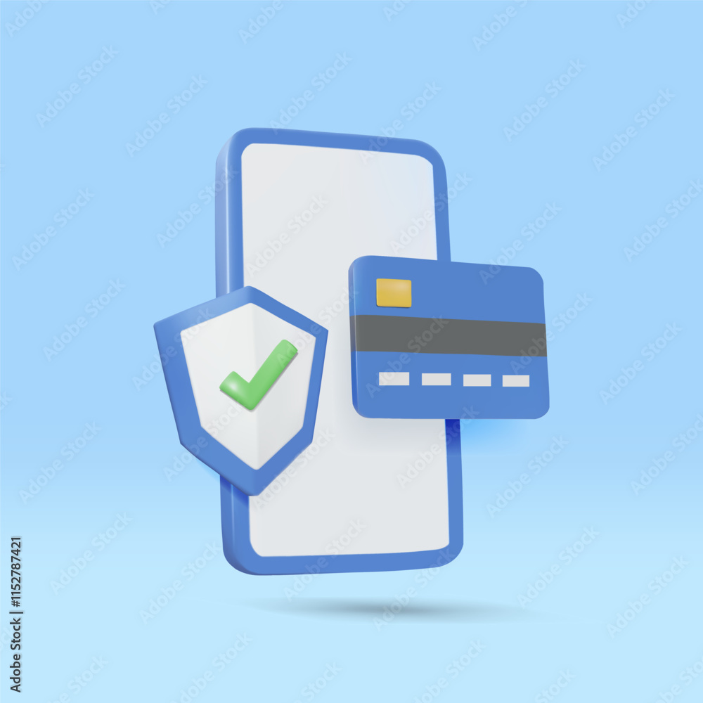 Aufkleber vector illustration 3d render of blue mobile phone icon credit card and protective shield with green