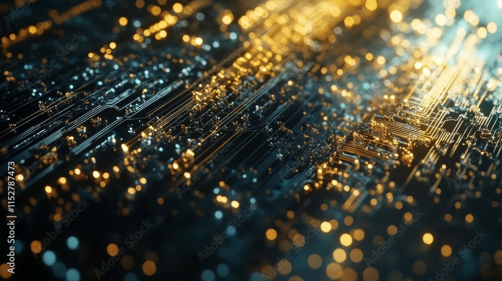 Poster abstract digital circuit board with glowing lines and nodes.