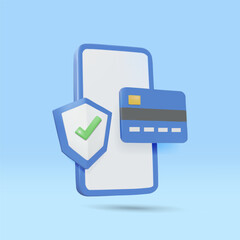 Vector illustration 3D render of blue mobile phone icon Credit card and protective shield with green check mark Concept about secure online payments financial security and reliability in transactions