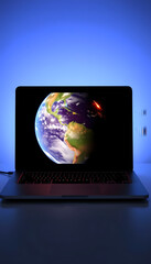 A laptop screen with hologram projection of the earth, simple style, with white tones