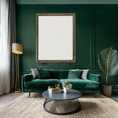 Design of room - Mock-up frame in dark green home interior with sofa, coffee table and floor lamp.