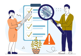 Testers looking for bugs. Woman and man with magnifying glass looking for errors in code. Testing of software, program or application. Programmers and IT specialists. Linear vector illustration