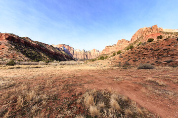 A desert landscape with a mountain range in the background