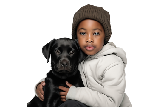 Boy with a black dog isolated on transparent background