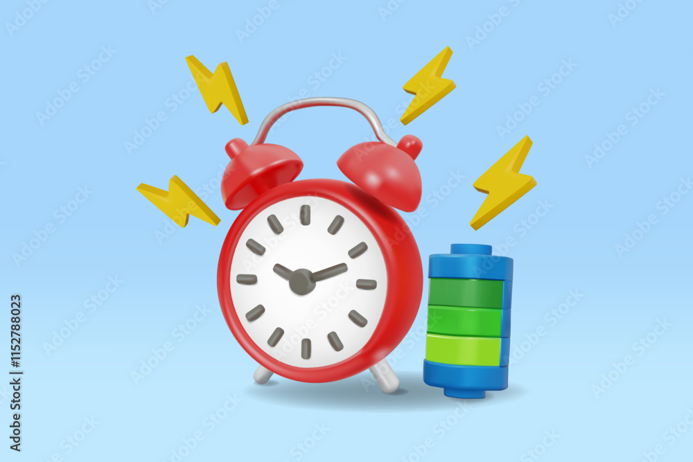 Poster vector illustration 3d render of red alarm clock icon. battery with green power strip and yellow lig