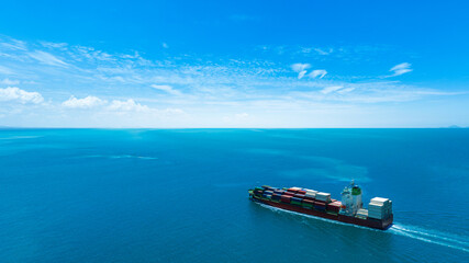 Aerial view of the freight shipping transport system cargo ship container. international...
