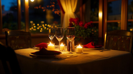 Cozy candlelit dinner table for two with glowing candles and space above the table for a heartfelt message