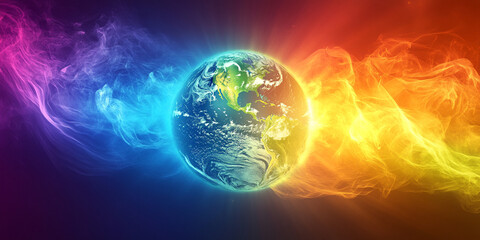 glowing Earth surrounded by colorful smoke representing climate change and environmental issues. vibrant colors symbolize urgency and awareness
