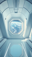 Fototapeta premium White blue spaceship futuristic interior with window view on planet Earth 3d rendering, simple style