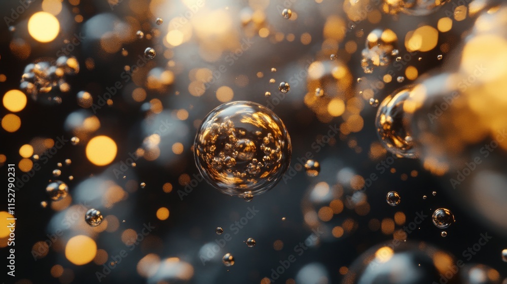 Aufkleber abstract image of floating spheres with bokeh effect, golden and silver tones.