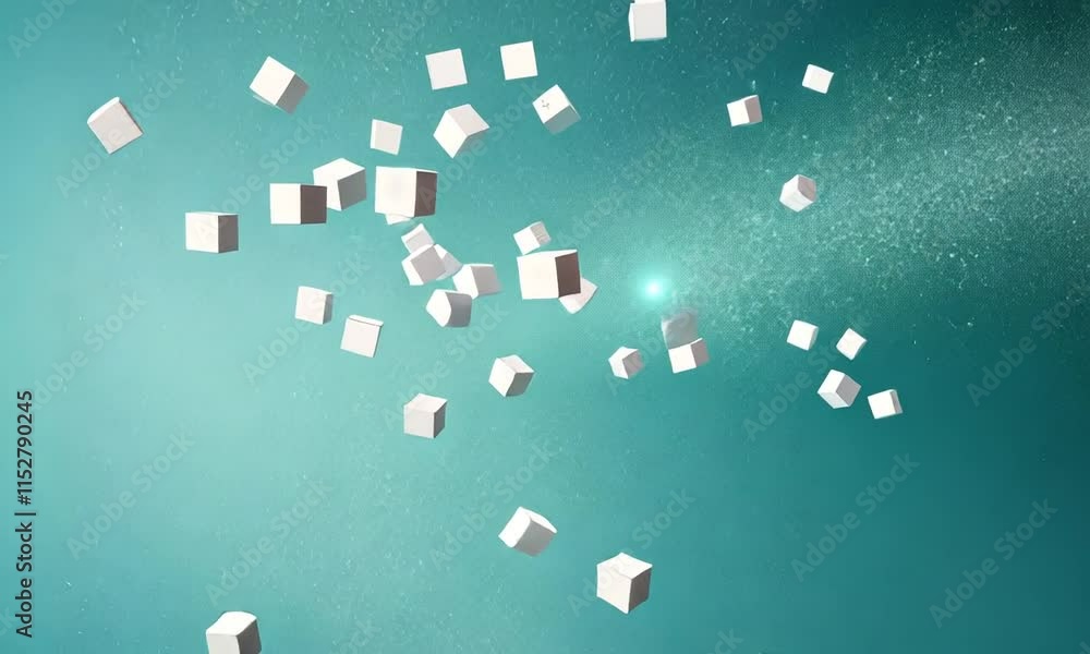 Poster abstract teal background with floating white cubes and sparkling dust