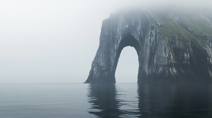 Majestic Foggy Seascape with Arch Rock Formation and Calm Waters