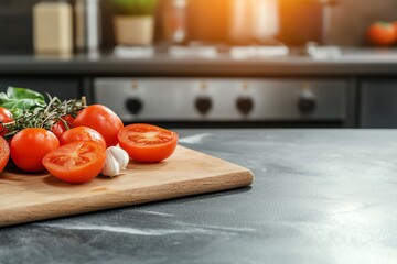 Fresh tomatoes and garlic on a wooden cutting board in a modern kitchen setting, with a warm ambiance from the sunlight.