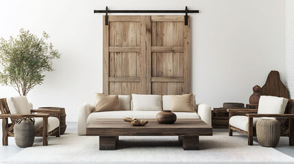 Obraz premium Cozy farminspired room featuring a comfortable wooden sofa chairs and a large rectangular coffee table with a fullsize wooden farm door all set against a clean white background