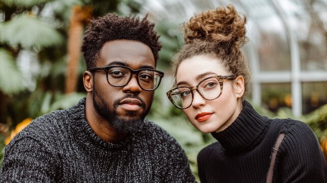 A stylish diverse couple with glasses poses together in a lush green indoor garden, showcasing fashion, connection, and modern romance in a botanical setting.