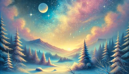 Fototapeta premium A Serene Winter Evening with a Radiant Starry Sky and Mystical Pastel Colors in a Fantasy Realm