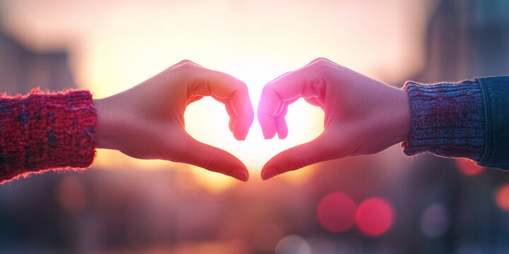 couple hands forming heart shape against sunset background, symbolizing love and connection. warm colors create romantic atmosphere