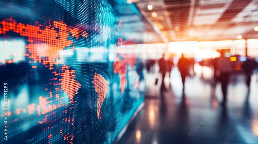 Poster abstract digital world map displayed in modern airport terminal with blurred travelers in background