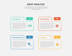 SWOT analysis infographic outline style with 4 point template with box table folder shape for slide presentation