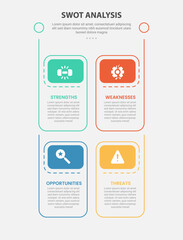 SWOT analysis infographic outline style with 4 point template with vertical box structure with header badge for slide presentation