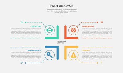 Fototapeta premium SWOT analysis infographic outline style with 4 point template with square matrix base structure with dotted line pointer for slide presentation
