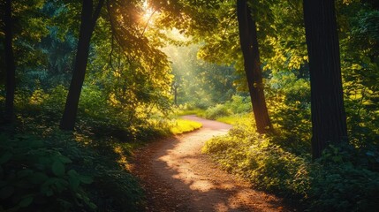 Naklejka premium Sunlit Path in a Lush Green Forest