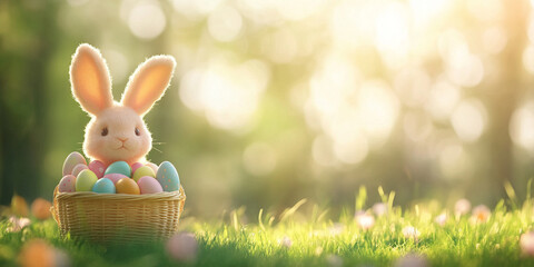 whimsical scene of bunny holding basket filled with colorful eggs, surrounded by sunny garden. soft light creates cheerful atmosphere, perfect for spring celebrations