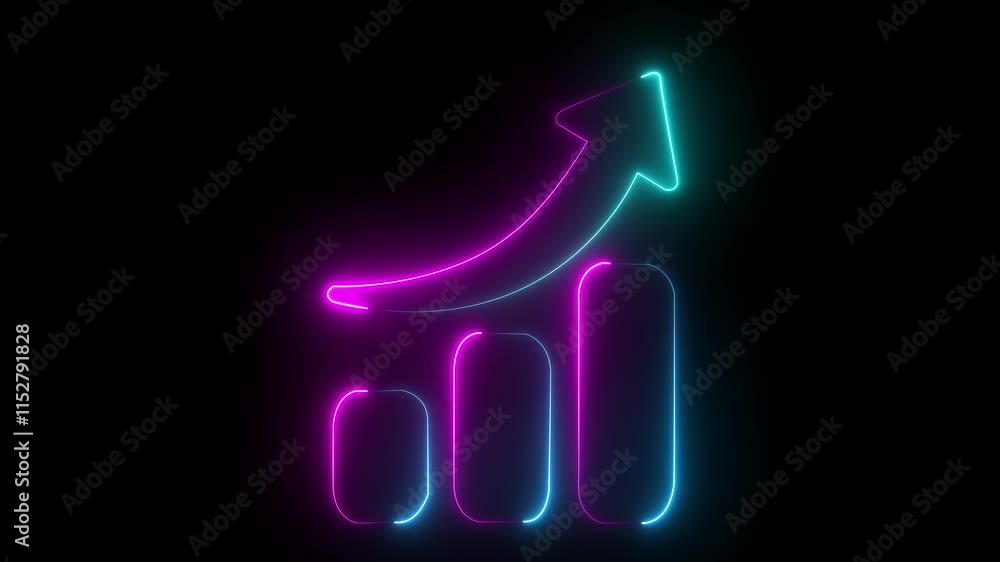 Poster neon business graph chart icon animation black background. abstract neon line business graph animati