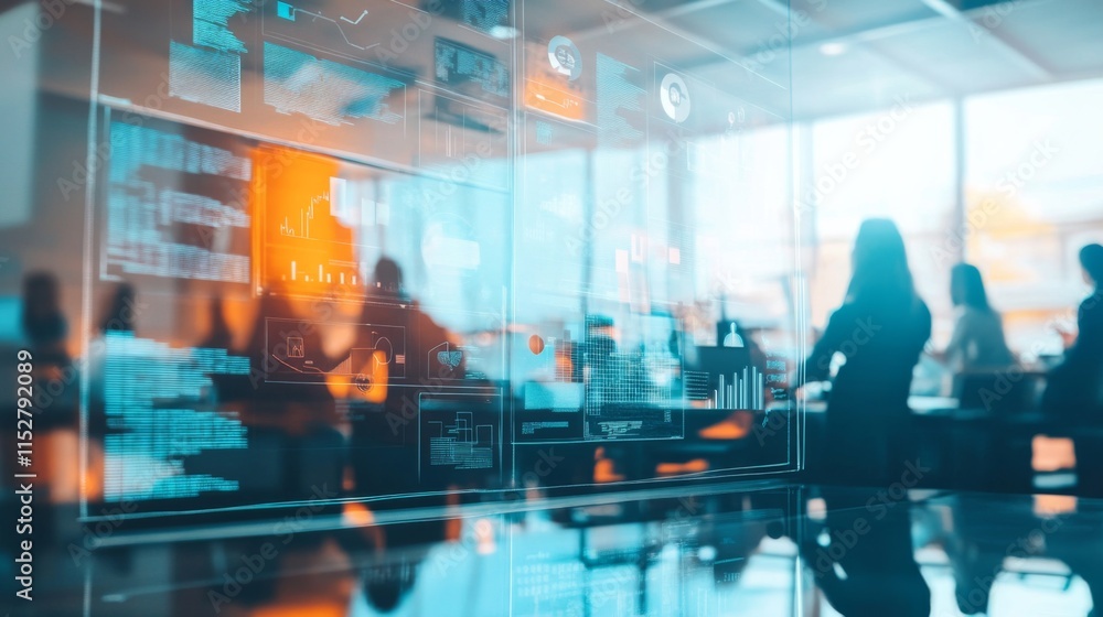 Aufkleber business professionals collaborating in a modern office environment with high-tech data displays and