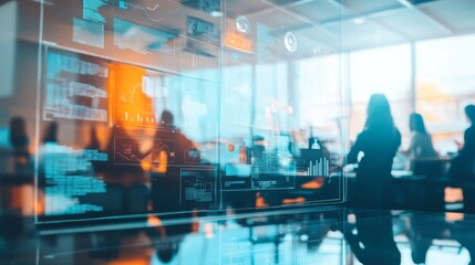 Business professionals collaborating in a modern office environment with high-tech data displays and infographics featuring digital analytics and smart technology.