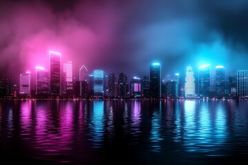Fototapeta premium A vibrant city skyline illuminated by pink and blue lights, reflecting on calm waters under a misty sky.