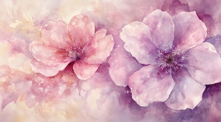 Watercolor painting of two pink flowers.