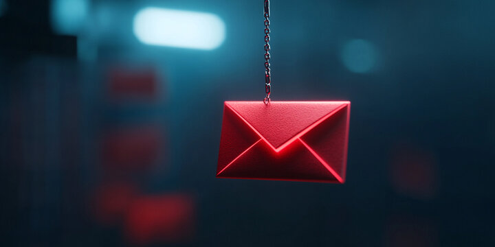glowing red envelope hangs in dark, atmospheric setting, symbolizing communication and connection. vibrant color contrasts with background, creating striking visual