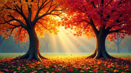 Autumnal splendor two majestic trees ablaze with vibrant orange and crimson foliage, bathed in the golden rays of a setting sun, a breathtaking display of nature's artistry.