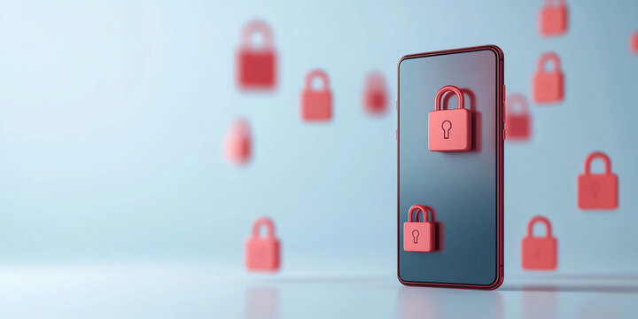 smartphone with red floating lock icons symbolizes digital security and protection. minimalistic design emphasizes importance of safeguarding personal information