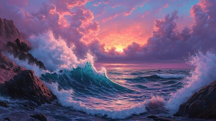 Fototapeta premium Majestic Sunset Over Waves Crashing on Rugged Rocky Coastline