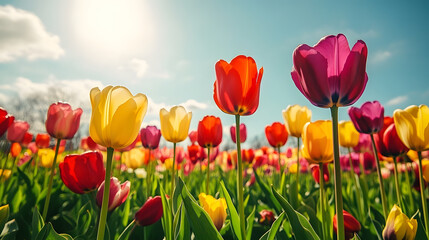 Obraz premium Vibrant field of red, yellow, and purple tulips stretching toward the horizon, creating a colorful floral display