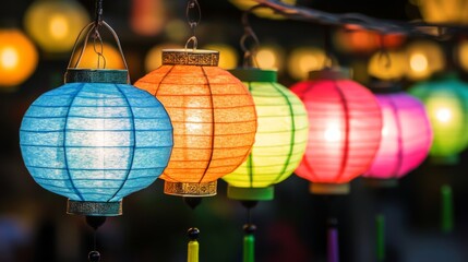 Fototapeta premium Colorful paper lanterns glowing softly at night, decorating a festive outdoor event with vibrant hues and warm ambiance, perfect for celebrations and gatherings