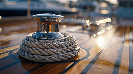 Polished Chrome Cleat and Coiled Rope on a Wooden Yacht Deck
