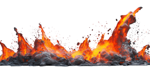 High-impact image of molten lava magma creating a dramatic splash against a pure white background