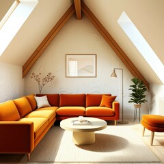mid-century modern living room, orange velvet sofa, wooden ceiling beams, white brick wall, minimalist decor, cozy armchair, round coffee table, floor lamp, potted plant, natural light, warm tones, te