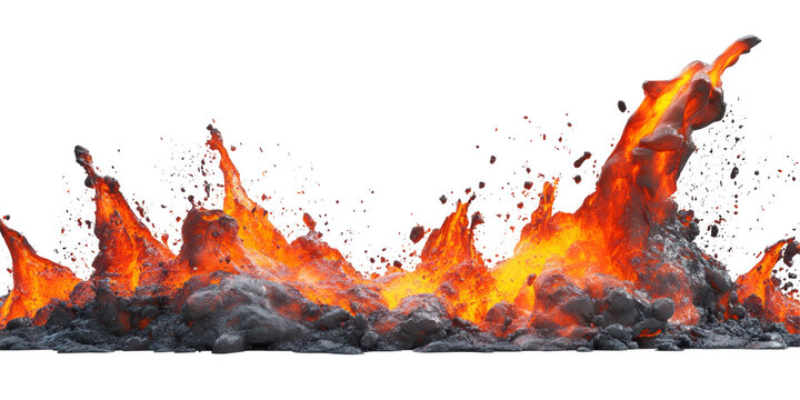 High-impact image of molten lava magma creating a dramatic splash against a pure white background