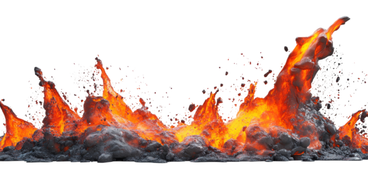 High-impact image of molten lava magma creating a dramatic splash against a pure white background