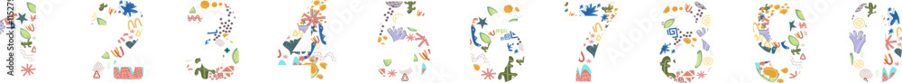 Poster floral theme abstract set on numbers in a row. ten numbers from one to zero. number love symbol conc